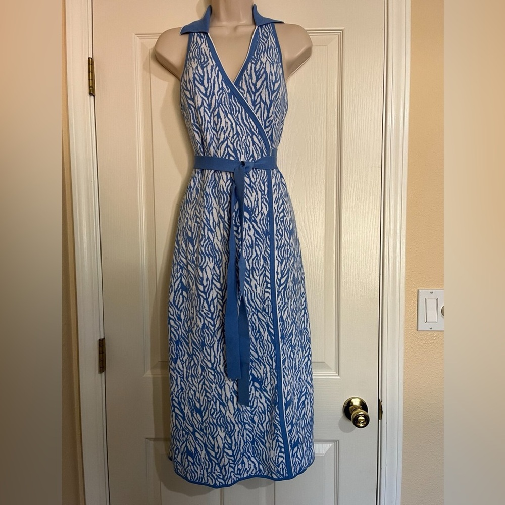 Blue and White Sleeveless Wrap Dress